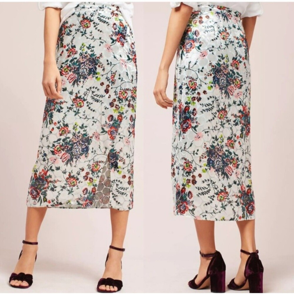 Anthropologie Velvet‎ Floral Pencil Midi Skirt Maeve Fairy Grunge Sz 2 Whimsical